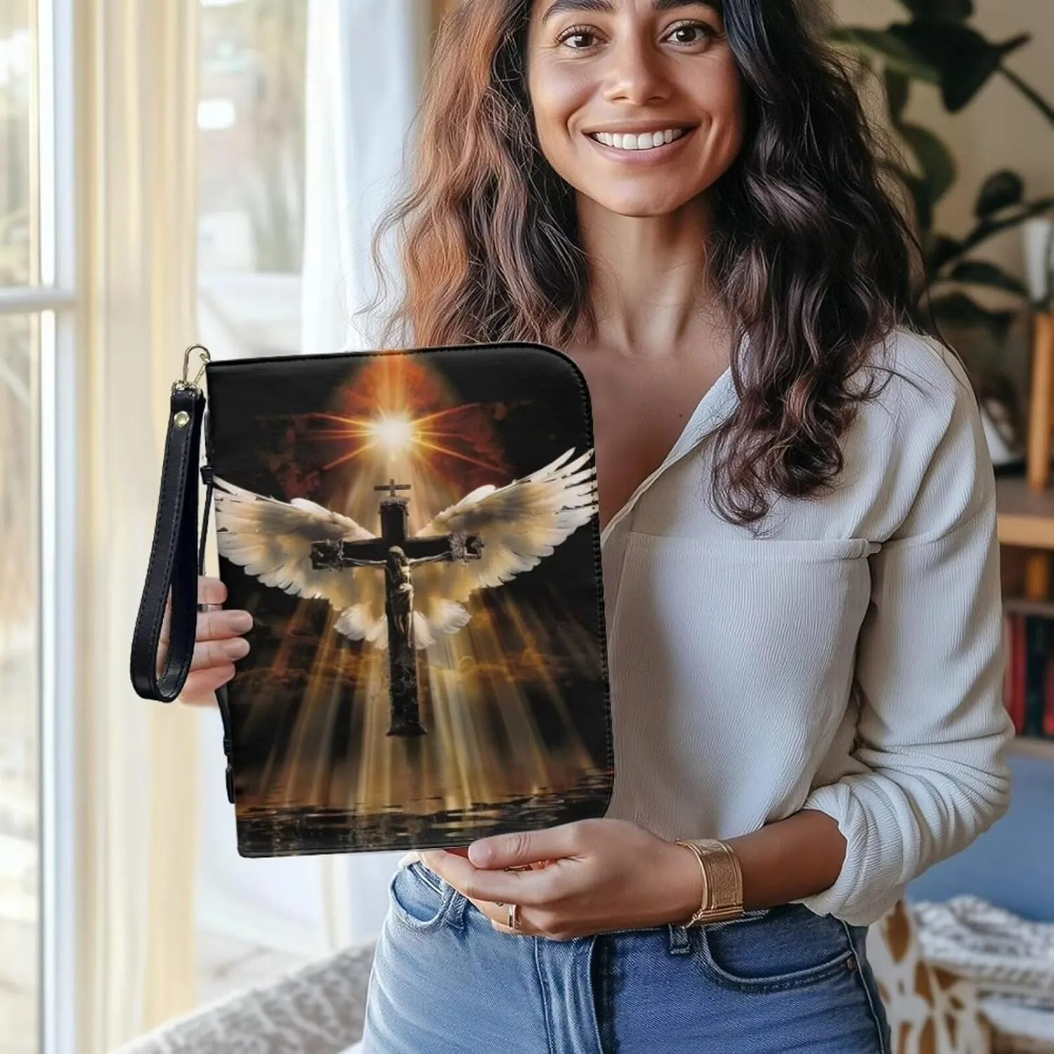 Bible Cover with Wristlet Strap, Zippered Bible Carrying Case for Women Men, PU Leather Bible Tote Bag, Church Bible Book Cover, Bible Accessories, Christian Gift,Angel Wings Jesus Cross 1