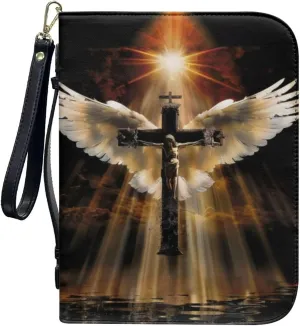 Bible Cover with Wristlet Strap, Zippered Bible Carrying Case for Women Men, PU Leather Bible Tote Bag, Church Bible Book Cover, Bible Accessories, Christian Gift,Angel Wings Jesus Cross 1