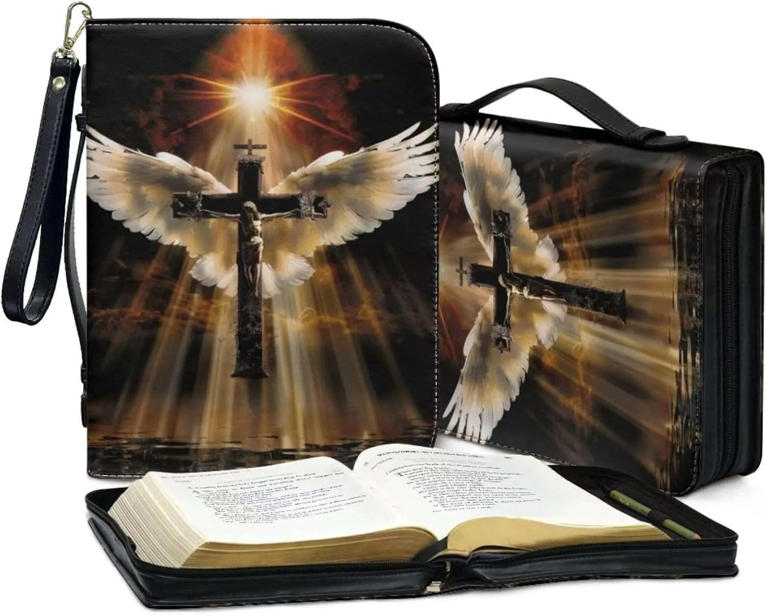 Bible Cover with Wristlet Strap, Zippered Bible Carrying Case for Women Men, PU Leather Bible Tote Bag, Church Bible Book Cover, Bible Accessories, Christian Gift,Angel Wings Jesus Cross 1