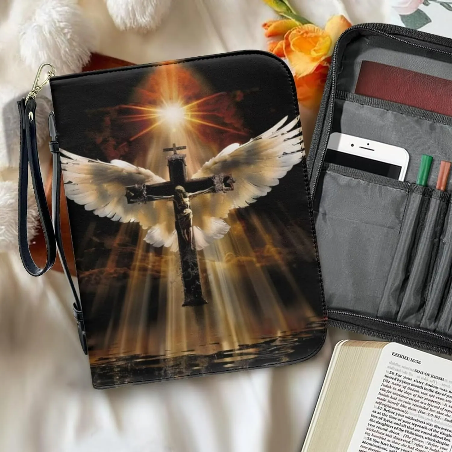 Bible Cover with Wristlet Strap, Zippered Bible Carrying Case for Women Men, PU Leather Bible Tote Bag, Church Bible Book Cover, Bible Accessories, Christian Gift,Angel Wings Jesus Cross 1
