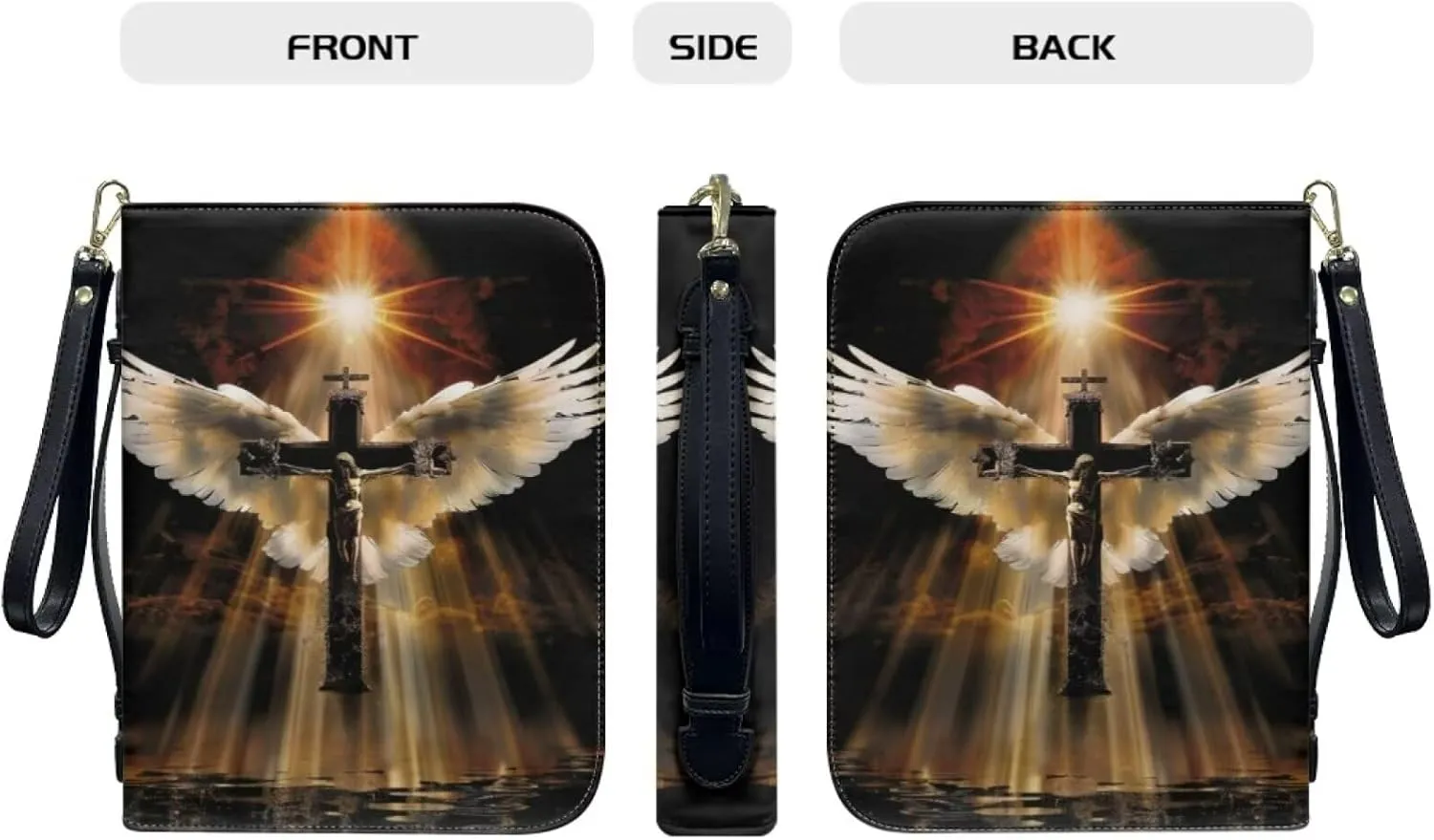 Bible Cover with Wristlet Strap, Zippered Bible Carrying Case for Women Men, PU Leather Bible Tote Bag, Church Bible Book Cover, Bible Accessories, Christian Gift,Angel Wings Jesus Cross 1