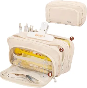 Big Capacity Pencil Case 3 Compartments Large Pencil Pouch Pen Bag Pencil Box Holder Organizer Simple Storage Aesthetic Stationery Cosmetic for Adults Men Women Office Essentials (White)