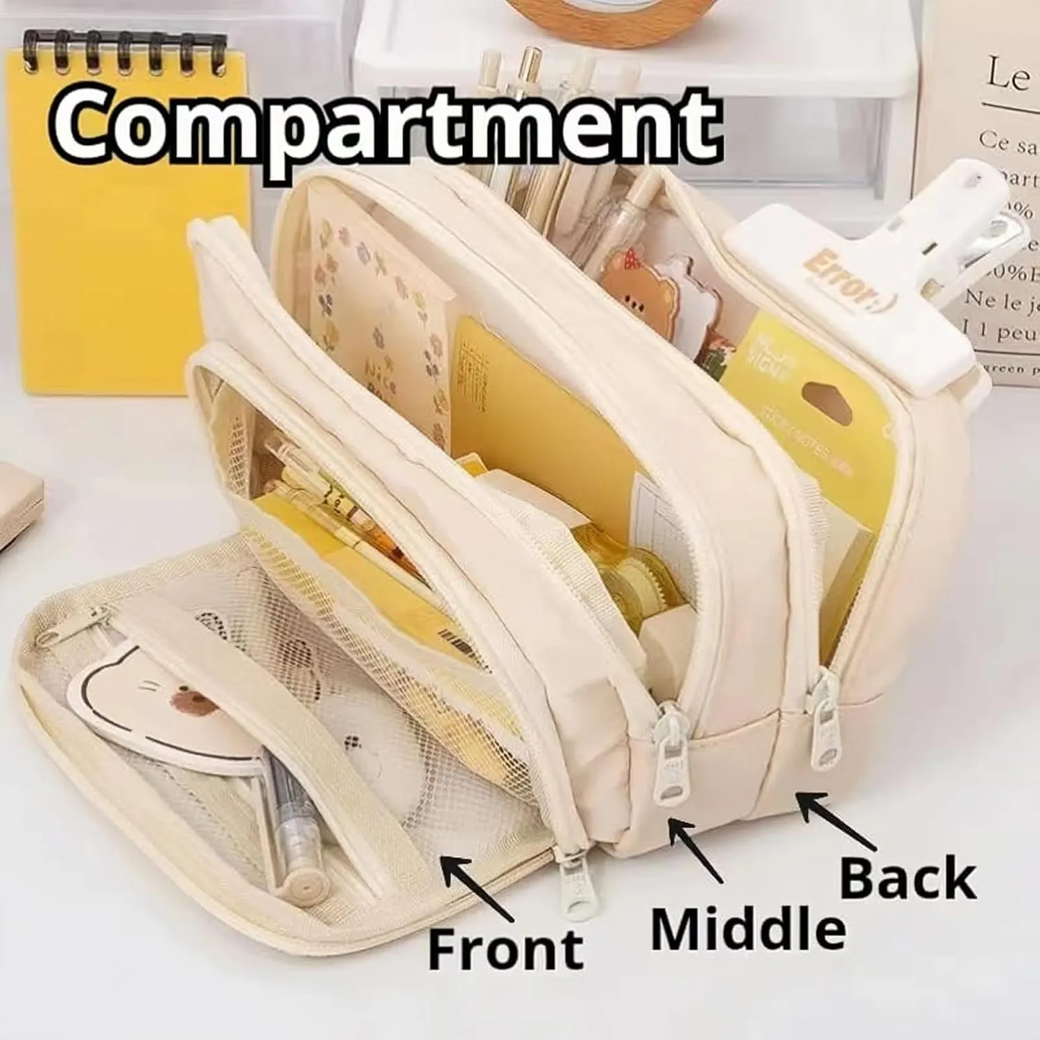 Big Capacity Pencil Case 3 Compartments Large Pencil Pouch Pen Bag Pencil Box Holder Organizer Simple Storage Aesthetic Stationery Cosmetic for Adults Men Women Office Essentials (White)