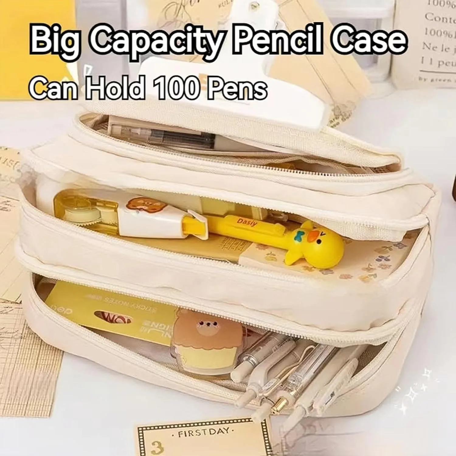 Big Capacity Pencil Case 3 Compartments Large Pencil Pouch Pen Bag Pencil Box Holder Organizer Simple Storage Aesthetic Stationery Cosmetic for Adults Men Women Office Essentials (White)