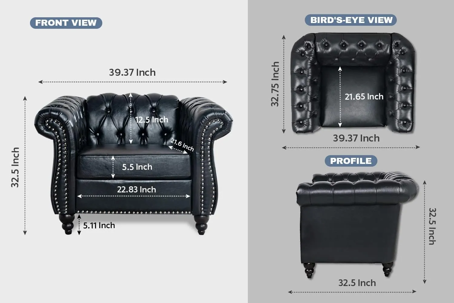 Black Chesterfield Sofa Set, Luxury Faux Leather Couch for Living Room. Comfy Deep-Seat Classic 3-Seater Couch and Chair for Bedroom, Office, or Apartment. Tool-Free 2-Piece Assembly.