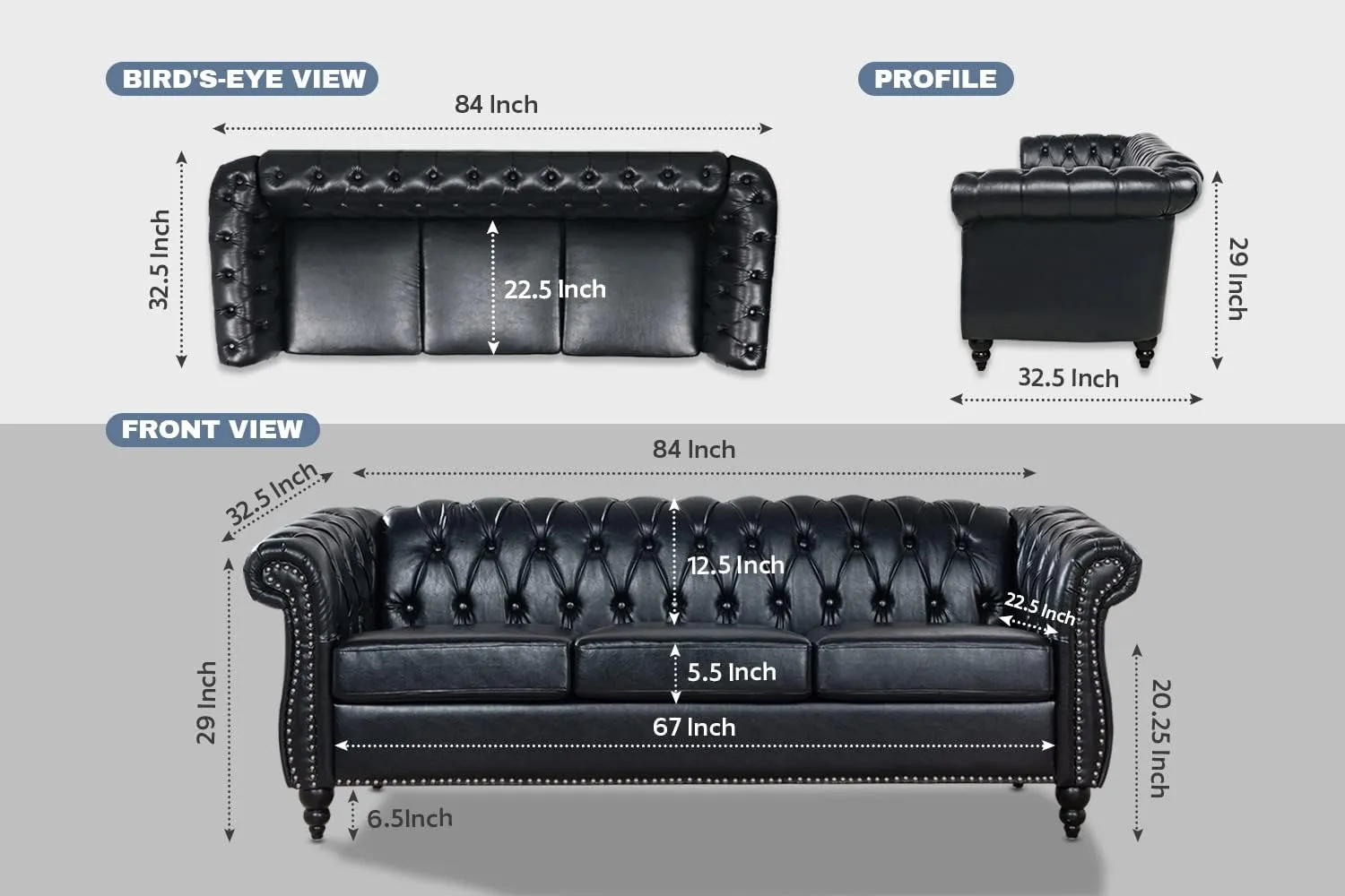 Black Chesterfield Sofa Set, Luxury Faux Leather Couch for Living Room. Comfy Deep-Seat Classic 3-Seater Couch and Chair for Bedroom, Office, or Apartment. Tool-Free 2-Piece Assembly.
