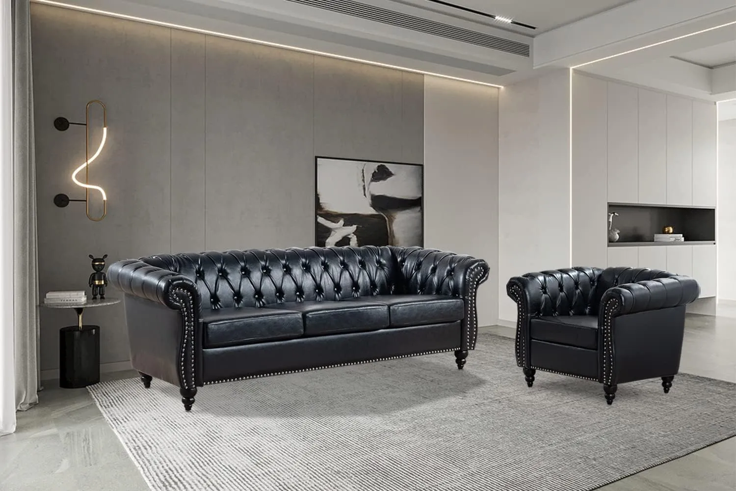 Black Chesterfield Sofa Set, Luxury Faux Leather Couch for Living Room. Comfy Deep-Seat Classic 3-Seater Couch and Chair for Bedroom, Office, or Apartment. Tool-Free 2-Piece Assembly.