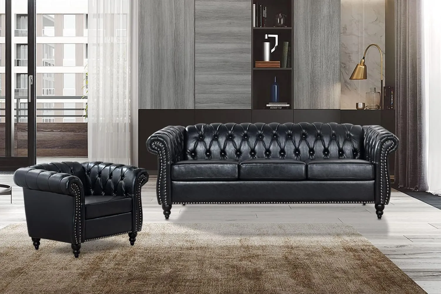 Black Chesterfield Sofa Set, Luxury Faux Leather Couch for Living Room. Comfy Deep-Seat Classic 3-Seater Couch and Chair for Bedroom, Office, or Apartment. Tool-Free 2-Piece Assembly.