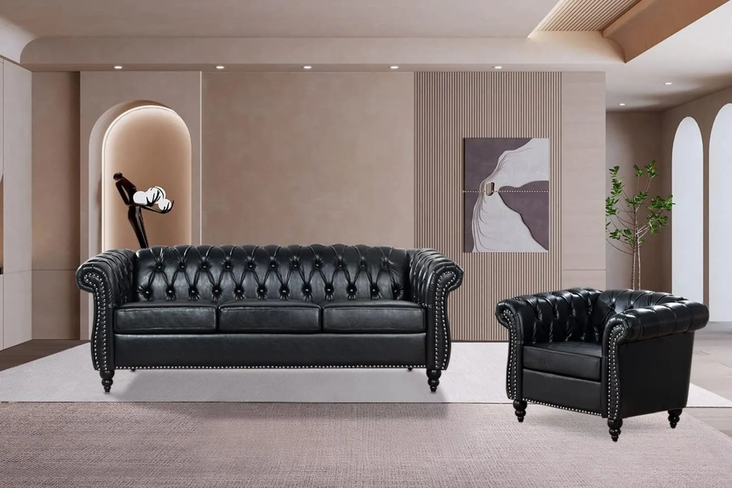 Black Chesterfield Sofa Set, Luxury Faux Leather Couch for Living Room. Comfy Deep-Seat Classic 3-Seater Couch and Chair for Bedroom, Office, or Apartment. Tool-Free 2-Piece Assembly.