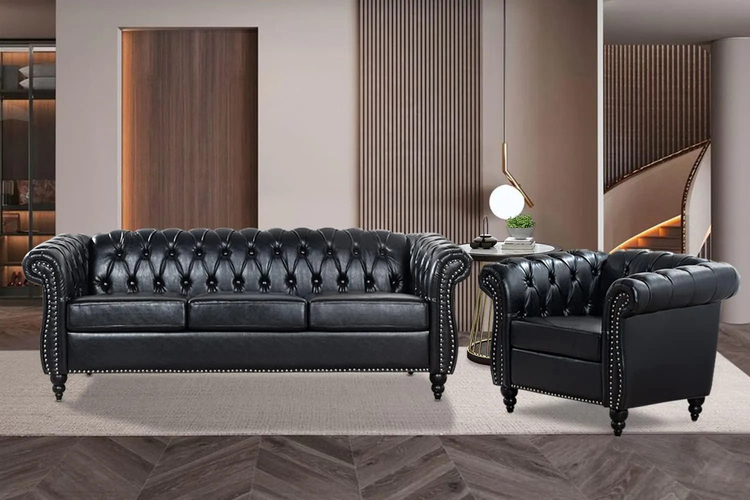 Black Chesterfield Sofa Set, Luxury Faux Leather Couch for Living Room. Comfy Deep-Seat Classic 3-Seater Couch and Chair for Bedroom, Office, or Apartment. Tool-Free 2-Piece Assembly.