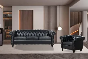 Black Chesterfield Sofa Set, Luxury Faux Leather Couch for Living Room. Comfy Deep-Seat Classic 3-Seater Couch and Chair for Bedroom, Office, or Apartment. Tool-Free 2-Piece Assembly.