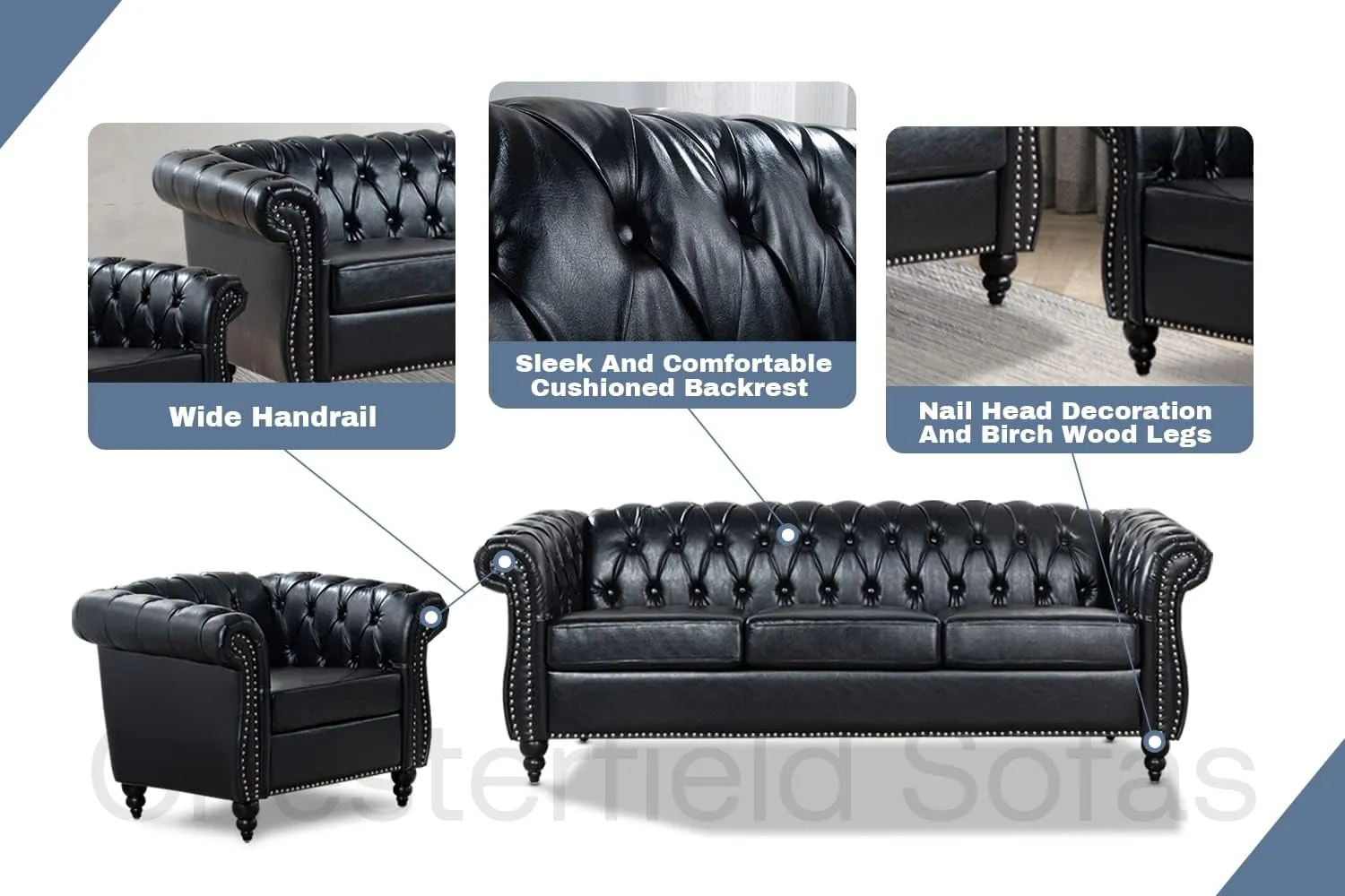Black Chesterfield Sofa Set, Luxury Faux Leather Couch for Living Room. Comfy Deep-Seat Classic 3-Seater Couch and Chair for Bedroom, Office, or Apartment. Tool-Free 2-Piece Assembly.