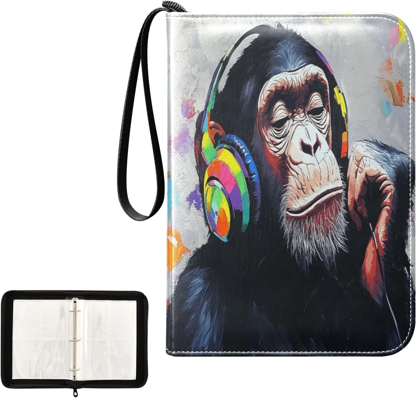 Black Colorful Gorilla Headphones Card Binder 4 Pocket, Trading Card Holder Fits 400 Game Cards with 50 Removable Sleeves, MTG Card Case Standard Size