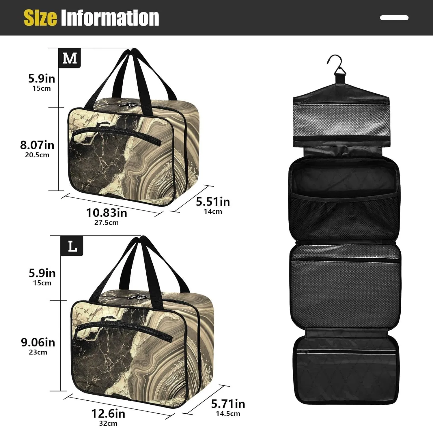 Black Gold Marble Stone Marbled Texture Mosaic with Golden Veins 1 PC Hanging Travel Wash bag with Handles, Portable Makeup Organizer Brush Storage Case Portable Travel Cosmetic with Hook M