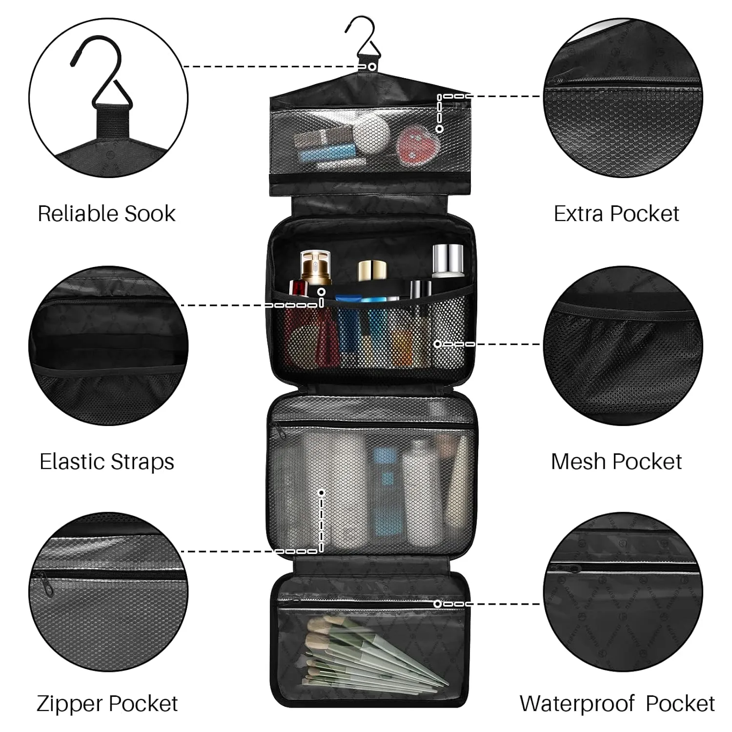 Black Gold Marble Stone Marbled Texture Mosaic with Golden Veins 1 PC Hanging Travel Wash bag with Handles, Portable Makeup Organizer Brush Storage Case Portable Travel Cosmetic with Hook M