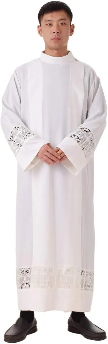 BLESSUME Priest ALB Liturgical Church Garment Cross Lace Box Pleated ALB
