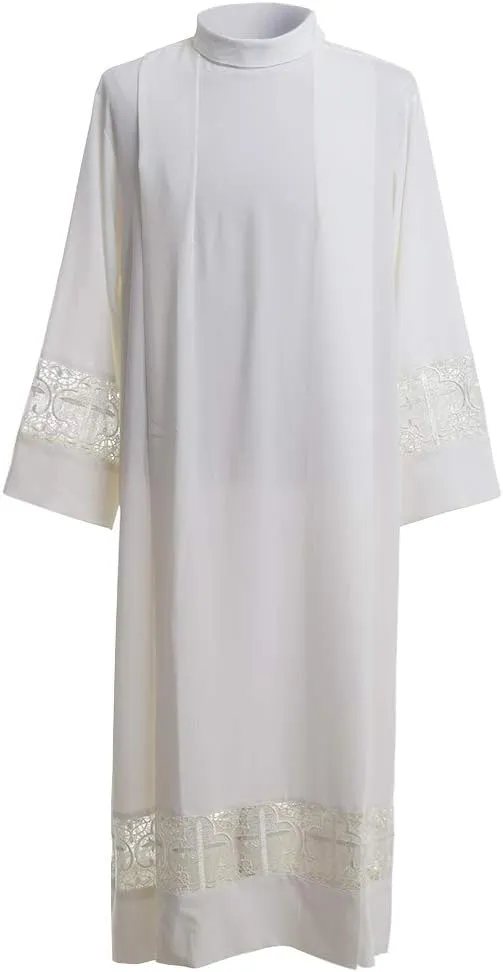 BLESSUME Priest ALB Liturgical Church Garment Cross Lace Box Pleated ALB
