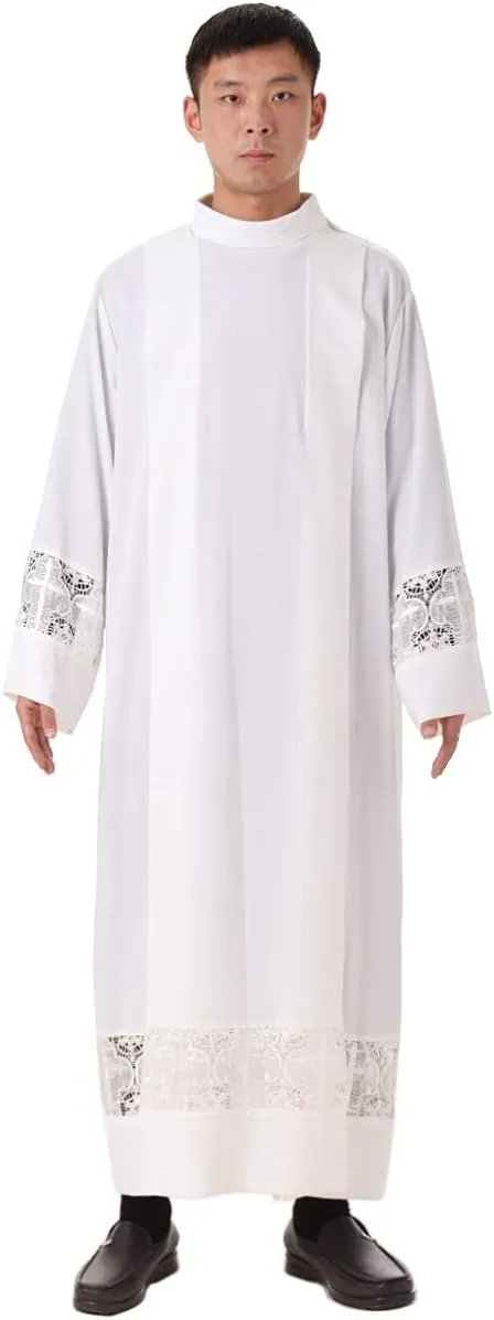 BLESSUME Priest ALB Liturgical Church Garment Cross Lace Box Pleated ALB