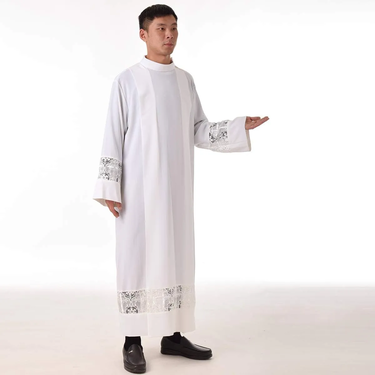 BLESSUME Priest ALB Liturgical Church Garment Cross Lace Box Pleated ALB