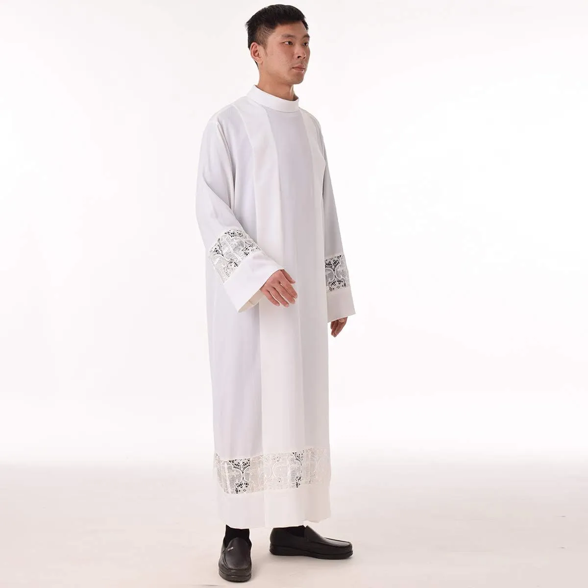 BLESSUME Priest ALB Liturgical Church Garment Cross Lace Box Pleated ALB