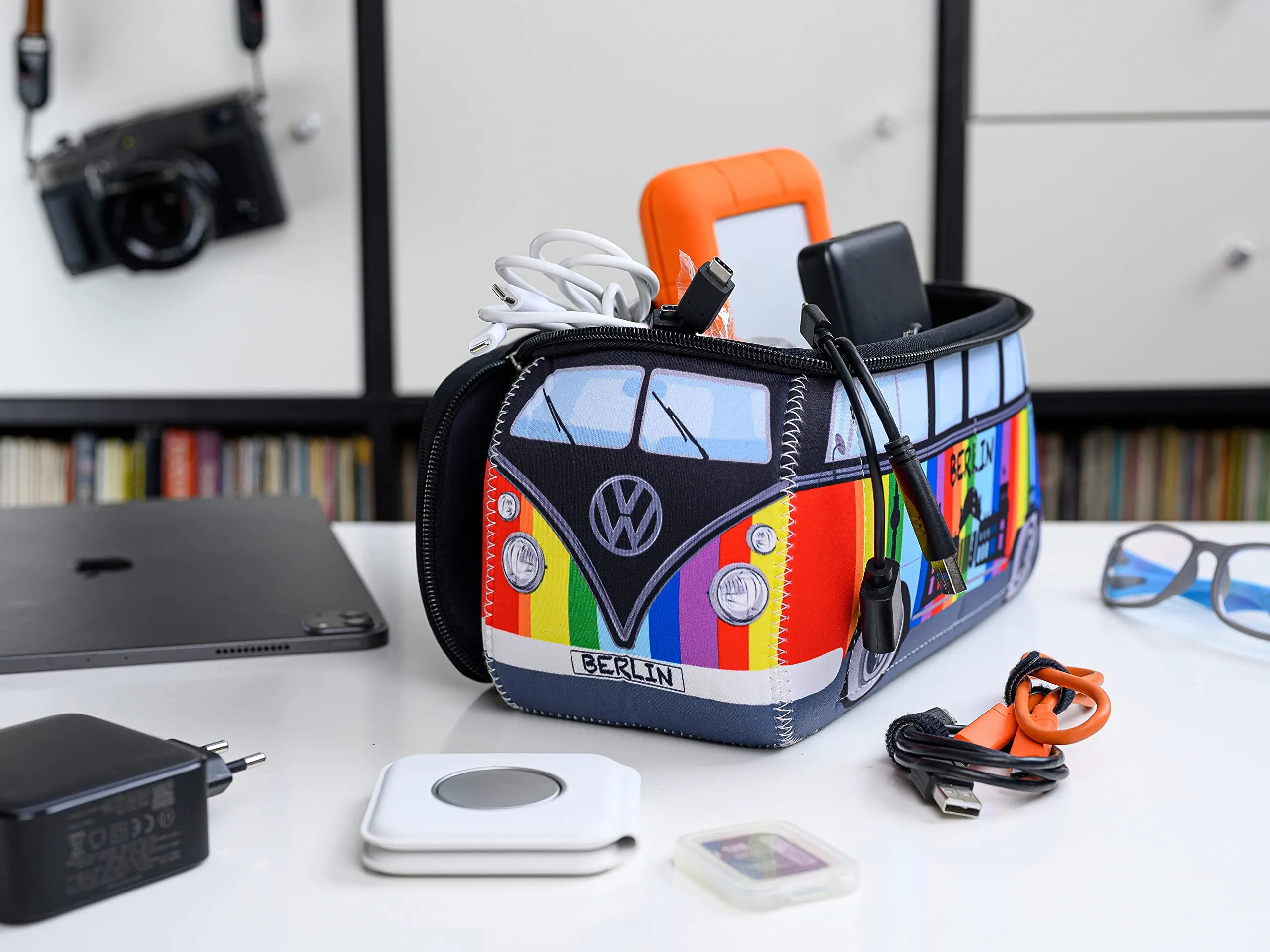 BRISA VW Collection - Volkswagen Neoprene Universal Makeup Cosmetics Toiletry Travel Pharmacy Bag in T1 Bus Design (Berlin/Multicolor/Large)