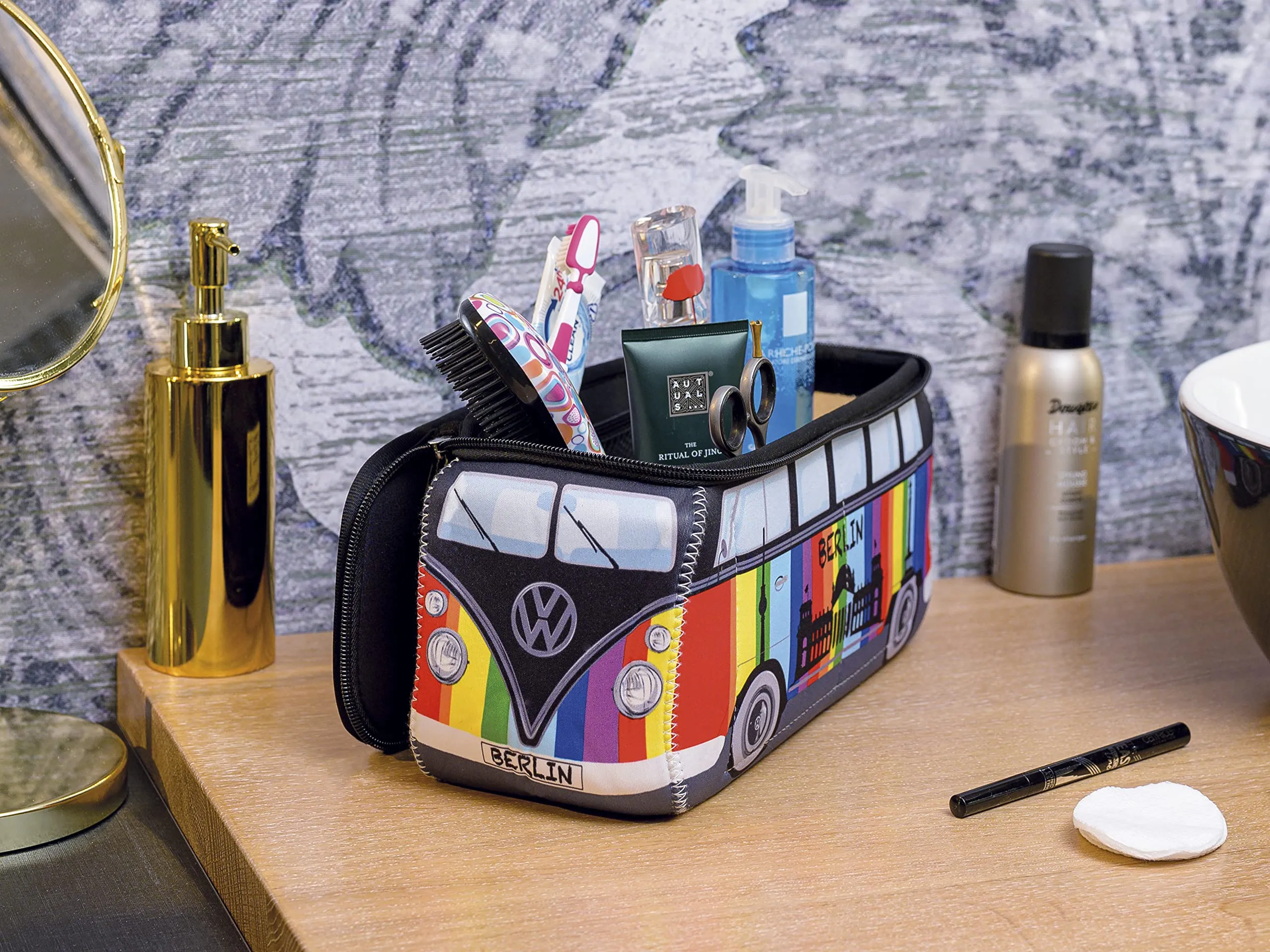 BRISA VW Collection - Volkswagen Neoprene Universal Makeup Cosmetics Toiletry Travel Pharmacy Bag in T1 Bus Design (Berlin/Multicolor/Large)