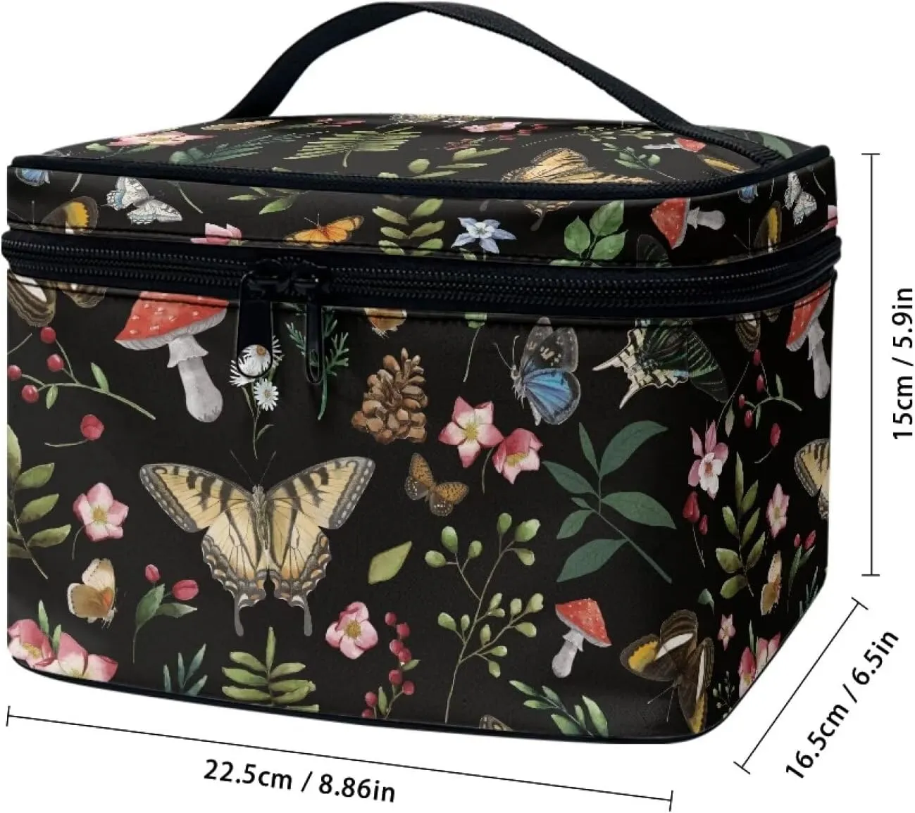 Butterfly Mushroom Makeup Cosmetic Bag for Women Girls Zipper Toiletry Bag Holder Clear Brushes Organizer Case with Handle Easy to Clean for Weekend Getaways, Vacations
