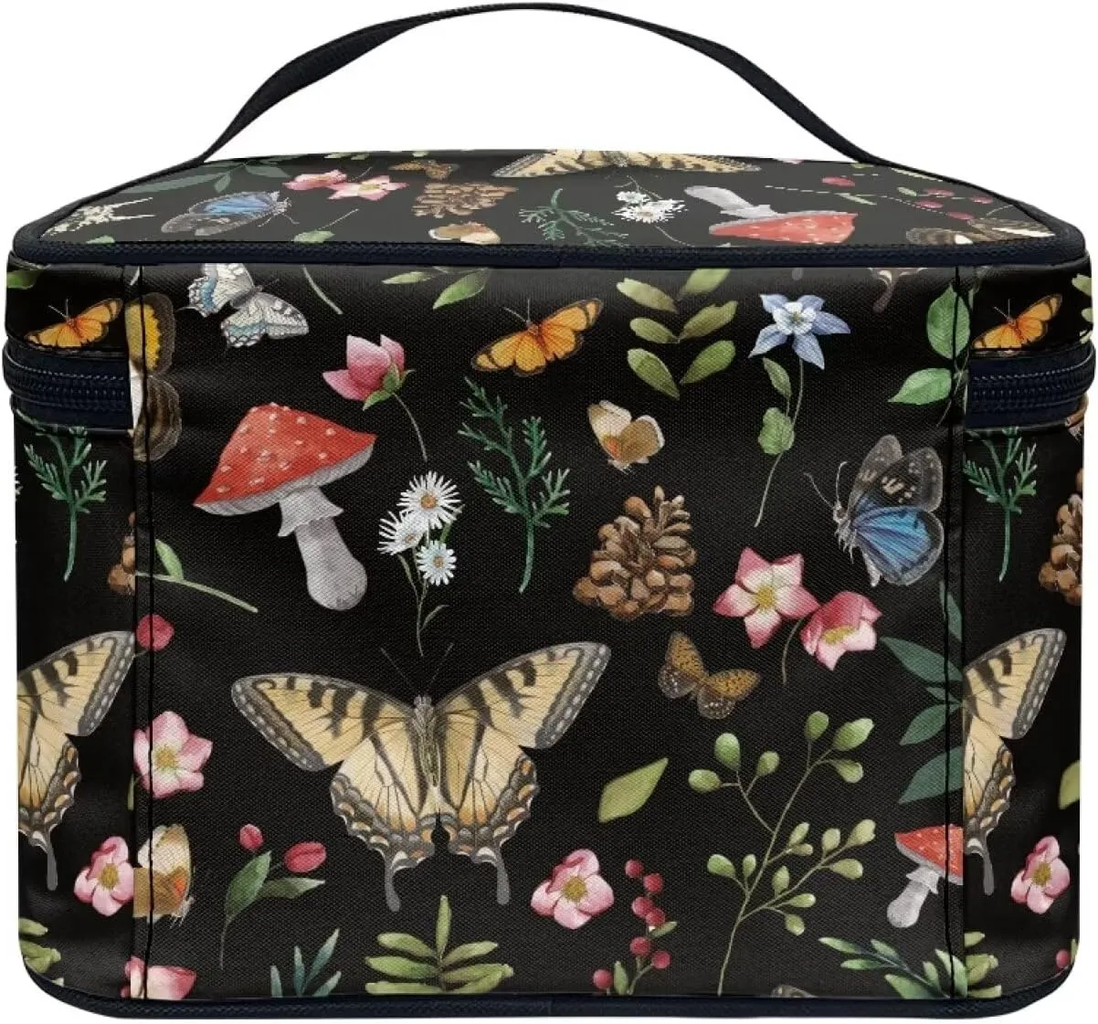Butterfly Mushroom Makeup Cosmetic Bag for Women Girls Zipper Toiletry Bag Holder Clear Brushes Organizer Case with Handle Easy to Clean for Weekend Getaways, Vacations
