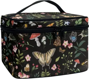 Butterfly Mushroom Makeup Cosmetic Bag for Women Girls Zipper Toiletry Bag Holder Clear Brushes Organizer Case with Handle Easy to Clean for Weekend Getaways, Vacations