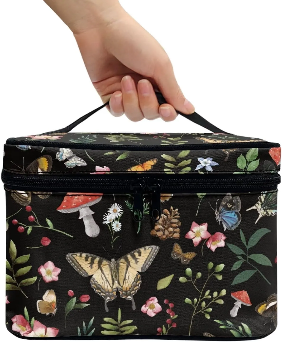 Butterfly Mushroom Makeup Cosmetic Bag for Women Girls Zipper Toiletry Bag Holder Clear Brushes Organizer Case with Handle Easy to Clean for Weekend Getaways, Vacations
