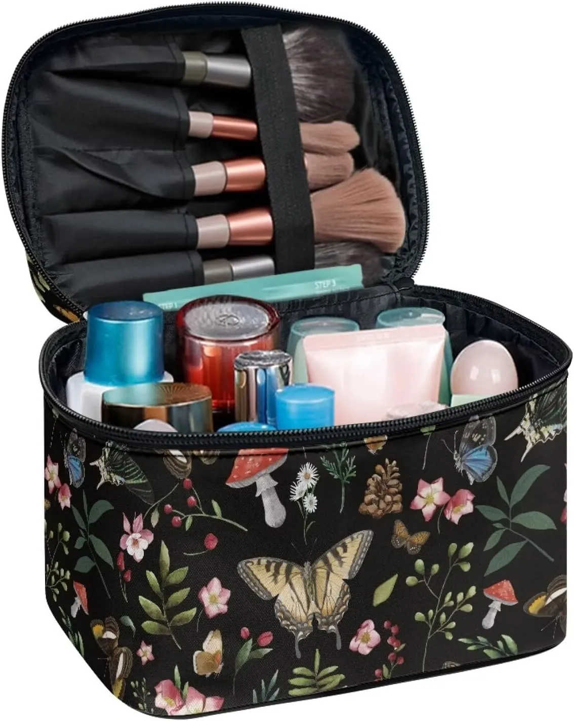 Butterfly Mushroom Makeup Cosmetic Bag for Women Girls Zipper Toiletry Bag Holder Clear Brushes Organizer Case with Handle Easy to Clean for Weekend Getaways, Vacations