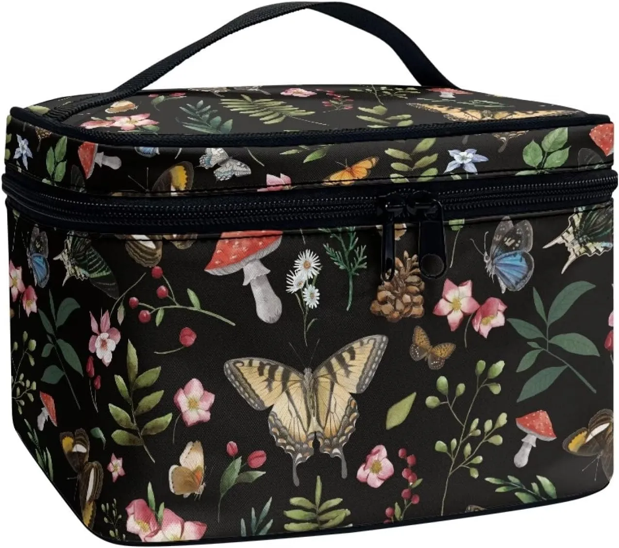 Butterfly Mushroom Makeup Cosmetic Bag for Women Girls Zipper Toiletry Bag Holder Clear Brushes Organizer Case with Handle Easy to Clean for Weekend Getaways, Vacations