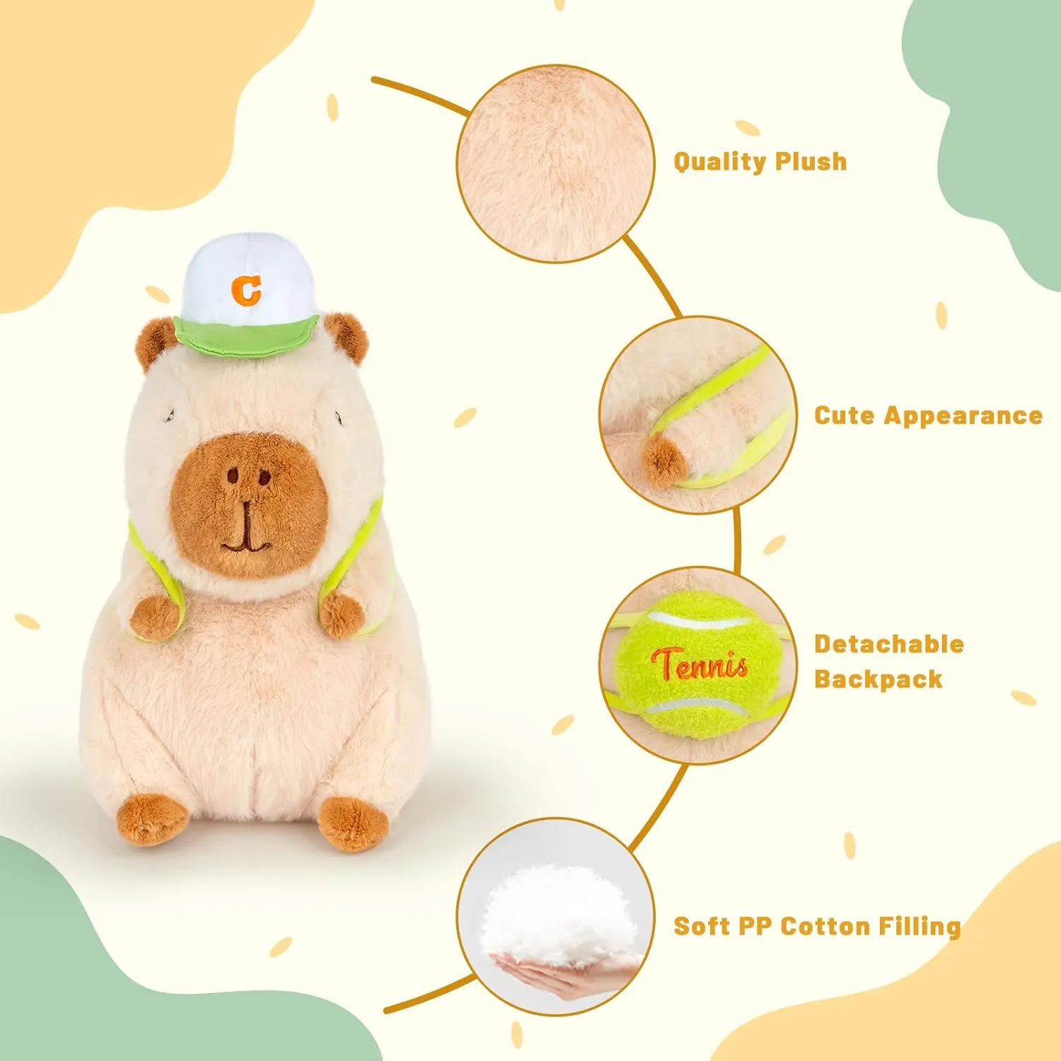 Capybara Stuffed Animal Cute Capybara Plush Stuffed Capybara Plushie Toys with Tennis Backpack Capybara Gift for Kids, Brown
