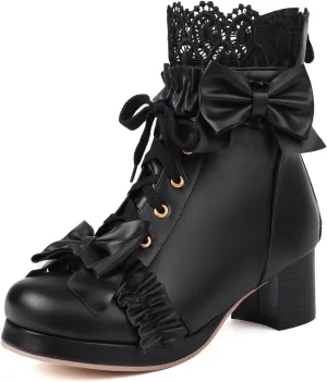 Caradise Women's Kawaii Lolita Platform Chunky Mid Heel Boots Cute Lace Up Ankle Booties with Bow Cosplay Uniform Dress Shoes
