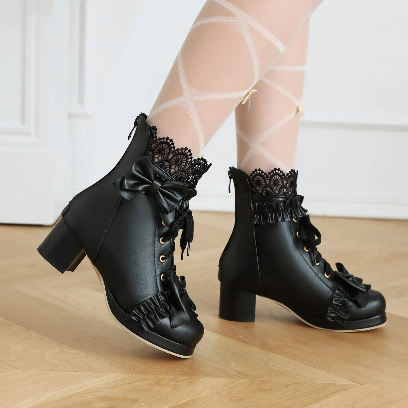 Caradise Women's Kawaii Lolita Platform Chunky Mid Heel Boots Cute Lace Up Ankle Booties with Bow Cosplay Uniform Dress Shoes