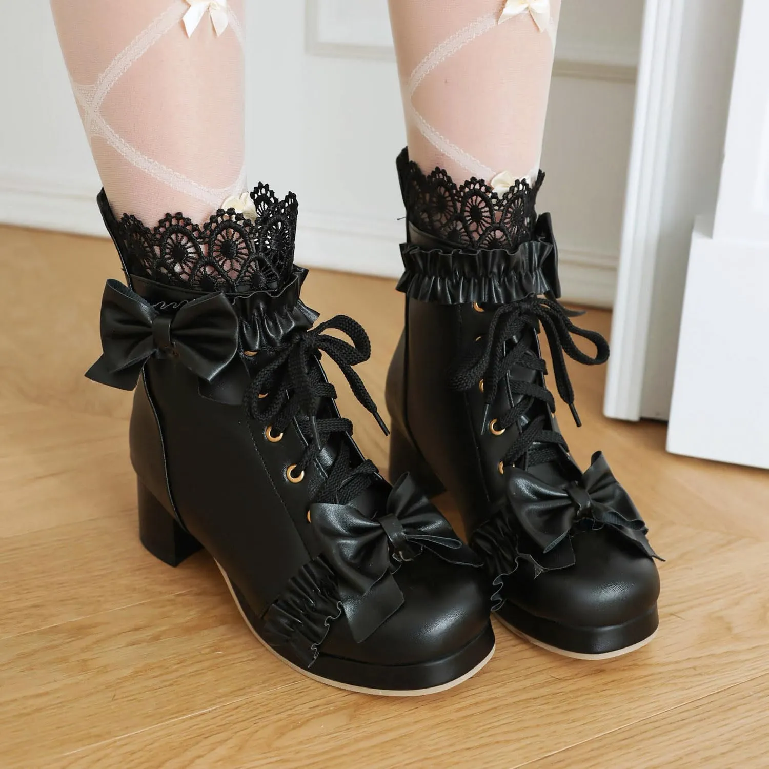 Caradise Women's Kawaii Lolita Platform Chunky Mid Heel Boots Cute Lace Up Ankle Booties with Bow Cosplay Uniform Dress Shoes