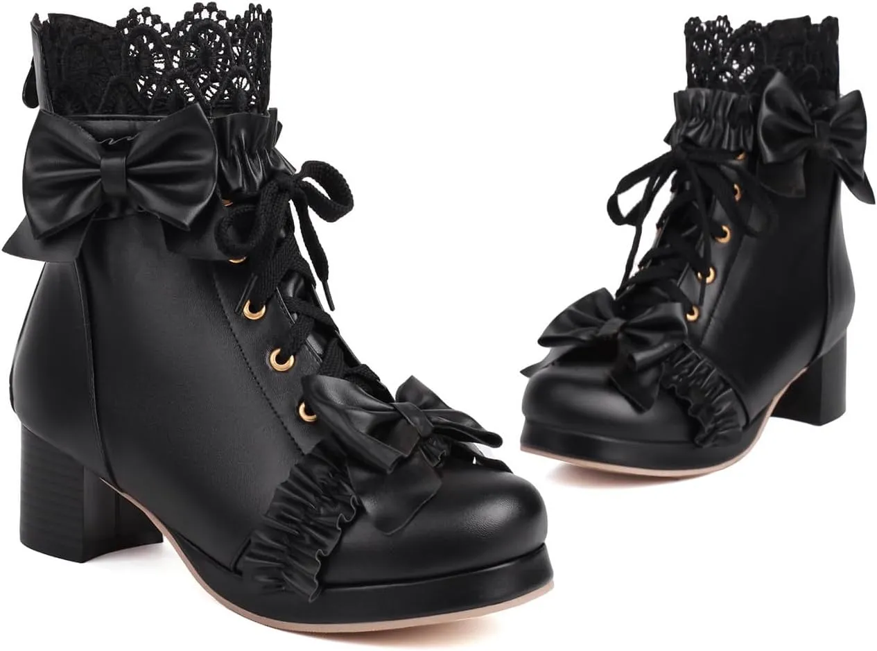 Caradise Women's Kawaii Lolita Platform Chunky Mid Heel Boots Cute Lace Up Ankle Booties with Bow Cosplay Uniform Dress Shoes