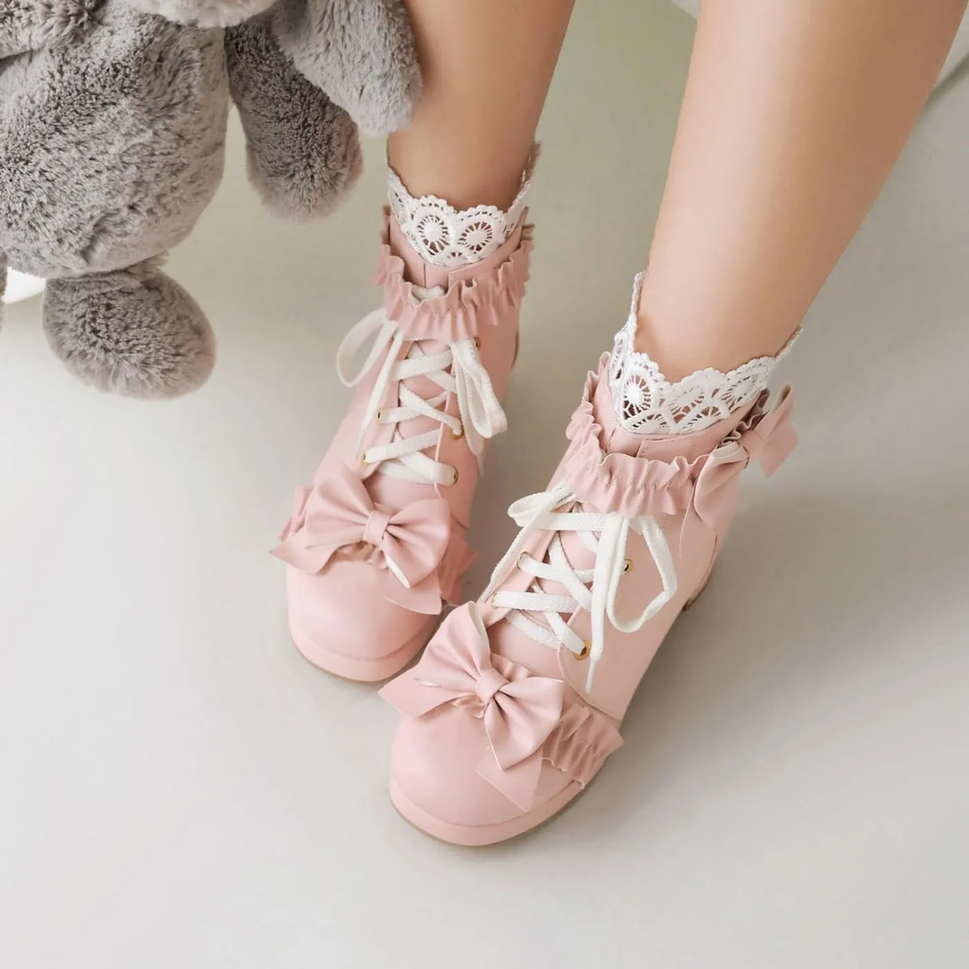 Caradise Women's Kawaii Lolita Platform Chunky Mid Heel Boots Cute Lace Up Ankle Booties with Bow Cosplay Uniform Dress Shoes