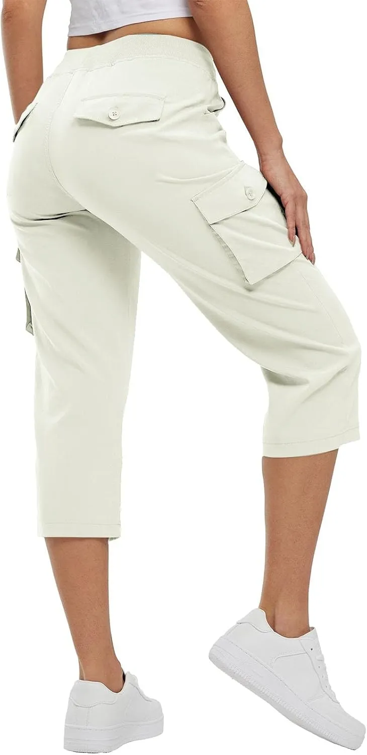 Cargo Capris for Women Summer Casual Drawstring Lightweight Outdoor Travel Hiking Cropped Pants with 6 Pockets