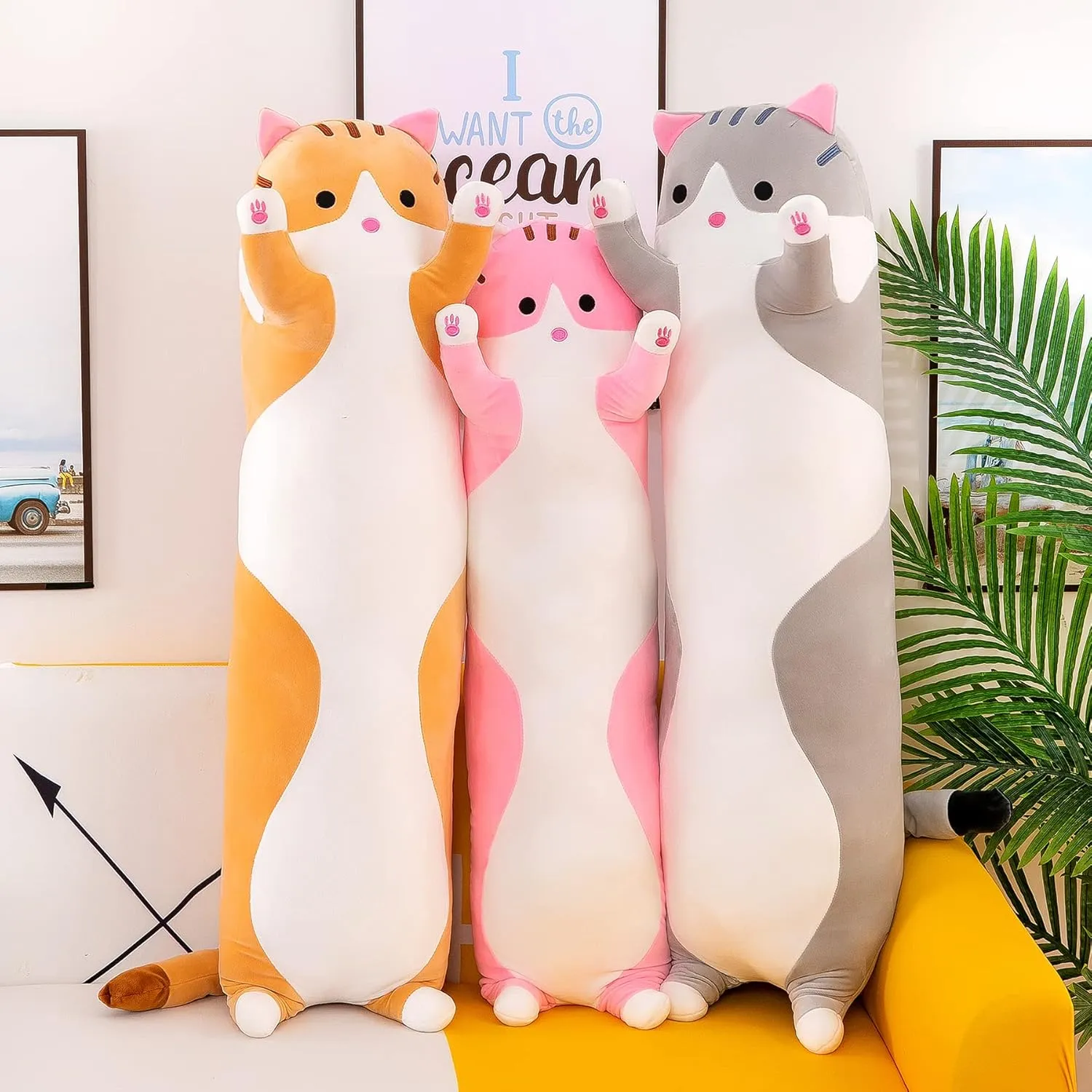 Cat Soft Plush Pillow Cute Cat Body Pillow, Long Stuffed Cat Plush Cat Stuffed Animal Toy Kitten Long Throw Pillow Gift for Kids Girlfriend(70CM,Yellow)