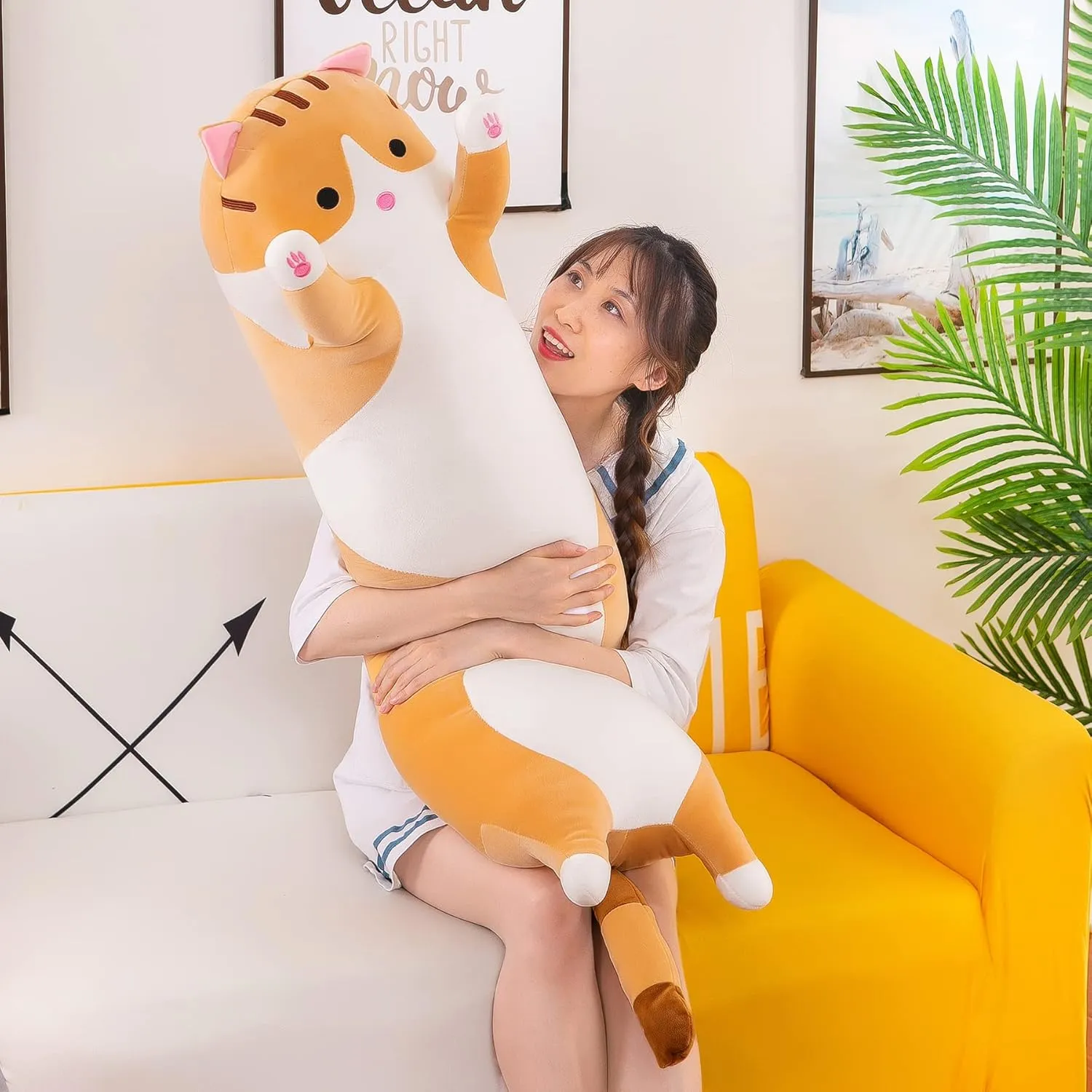 Cat Soft Plush Pillow Cute Cat Body Pillow, Long Stuffed Cat Plush Cat Stuffed Animal Toy Kitten Long Throw Pillow Gift for Kids Girlfriend(70CM,Yellow)
