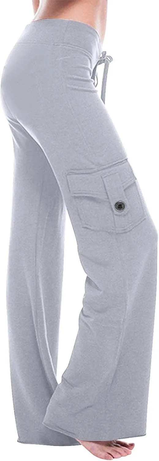 Ceboyel Womens Wide Leg Cargo Pants High Waist Pockets Jogger Pants Drawstring Relaxed Fit Cargo Pants Ladies Lounge Pants