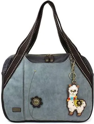 CHALA Handbag Bowling Zip Tote Large Bag Pleather Indigo Blue Llama