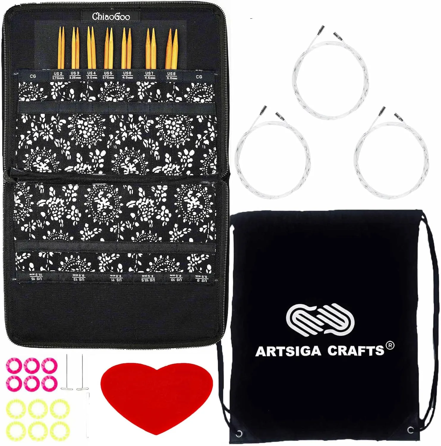 ChiaoGoo Spin Bamboo 5-Inch Small 2500-S Interchangeable Circular Knitting Needle Set, Sizes US 2, 3, 4, 5, 6, 7, 8 with 3 Cords, Connectors, Stitch Markers with Project Bag