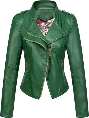 chouyatou Women's Candy Color Asymmetric Zip Slim Faux Leather Cropped Moto Jacket