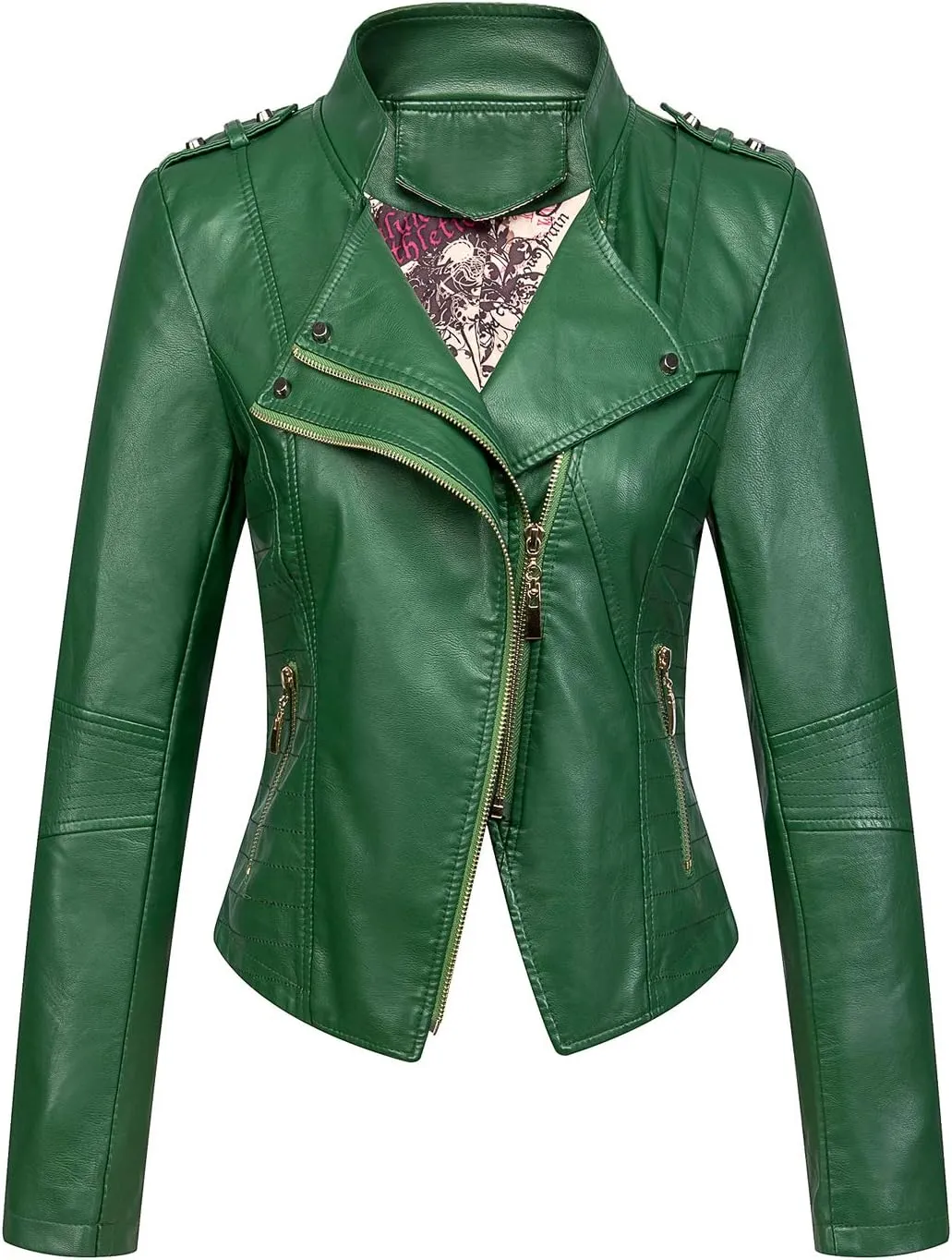 chouyatou Women's Candy Color Asymmetric Zip Slim Faux Leather Cropped Moto Jacket