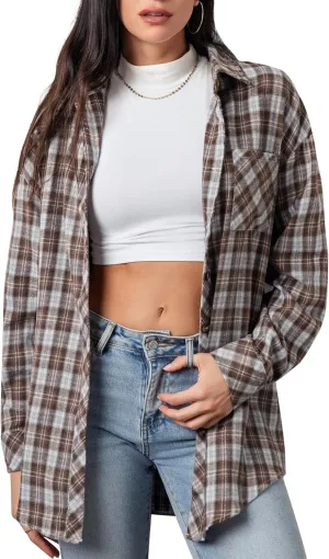 CHYRII Womens Button Down Flannel Shirts Long Sleeve Plaid Shackets Business Casual Blouse Top