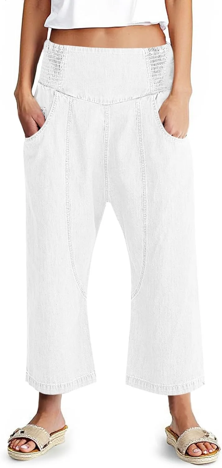 Cicy Bell Womens Wide Leg Cropped Jeans Baggy Boyfriend Smocked Mid Rise Harem Denim Pants