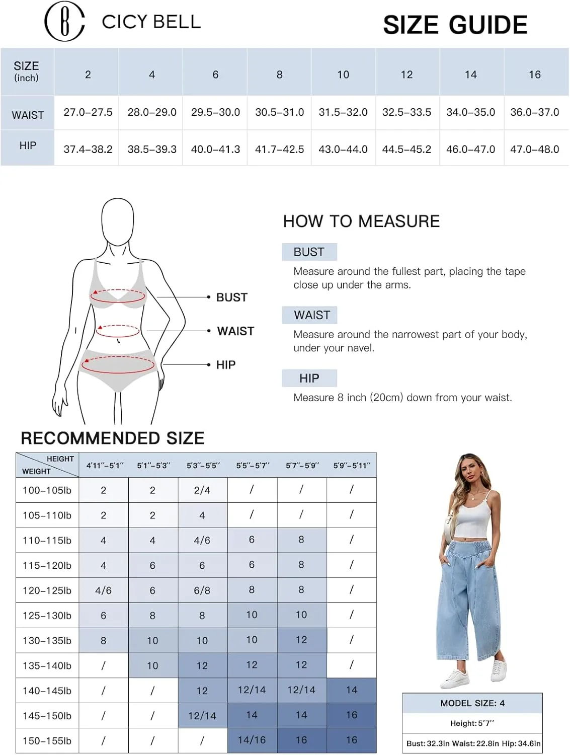 Cicy Bell Womens Wide Leg Cropped Jeans Baggy Boyfriend Smocked Mid Rise Harem Denim Pants