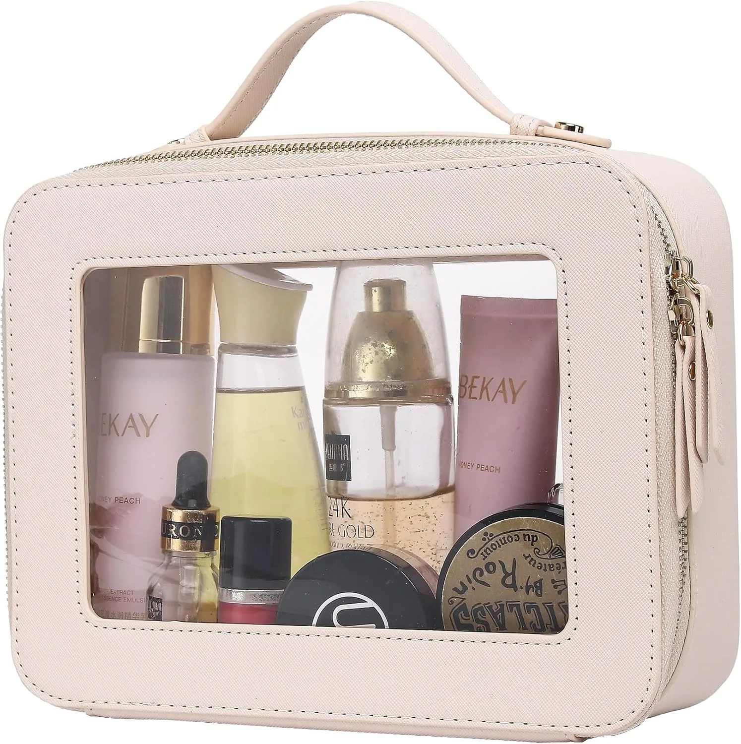 Clear Makeup Bag for Women Waterproof Travel Cosmetics and Toiletries Case Portable Makeup Oaganizer Bag Clear Car Bag with Zipper (Beige, L-1)